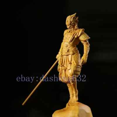 Collect Chinese Boxwood Sun Wukong Statue Monkey King Kung Fu Solid Wood Carving