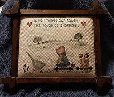 framed finished cross stitch & Fabric Paint "when Things get Rough The Tough Go"