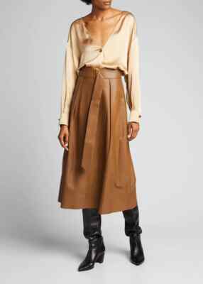 VINCE BELTED LAMB LEATHER WRAP MIDI SKIRT-TAN