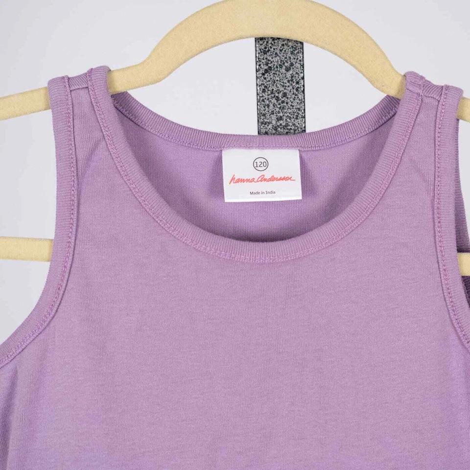 Vestido Hanna Andersson púrpura y blanco cansado con volantes 100 % algodón Hanna 120 EE. UU. 6-7 Foto 2 de 3