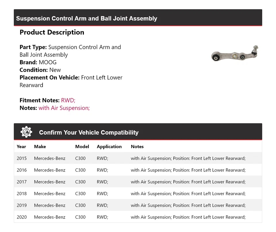 Brazo de control delantero izquierdo inferior trasero MOOG para Mercedes-Benz C300 2015-2020 tracción trasera Foto 2 de 4