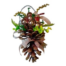 Handmade Holiday Pinecone Ornament with Metallic Baubles Ribbon
