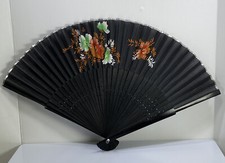 Vtg Black Folding Personal Hand Fan Red Green Orange Flowers Floral Design 9"