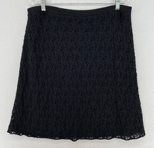 EILEEN FISHER Skirt L Wool Lace Stitch Overlay A-Line Knee Length Pull On Black