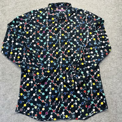 Coton Doux Shirt Men 44 17.5 Vinyl Record Print Long Sleeve Retro Unique