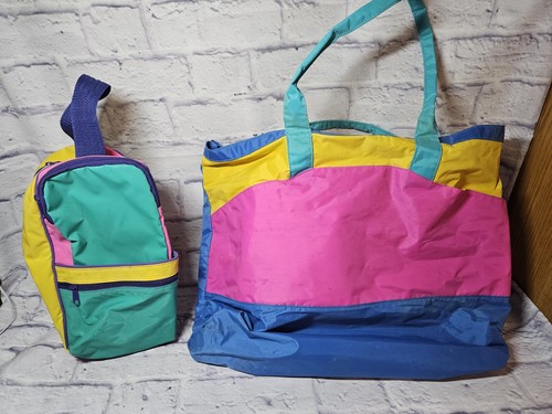 Vintage 90s Tote Bag & Accessory Bag-Nylon, Blue/Pink/Yellow-Beach Bag, Swimming