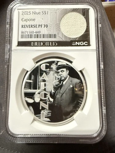 2025 Niue 1 oz Silver Al Capone Tablecloth Swatch NGC PF70 Estate of Al Capone