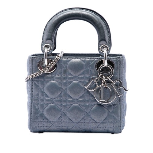 Dior Mini Iridescent Lambskin Cannage Lady Pre-Loved Satchel Blue