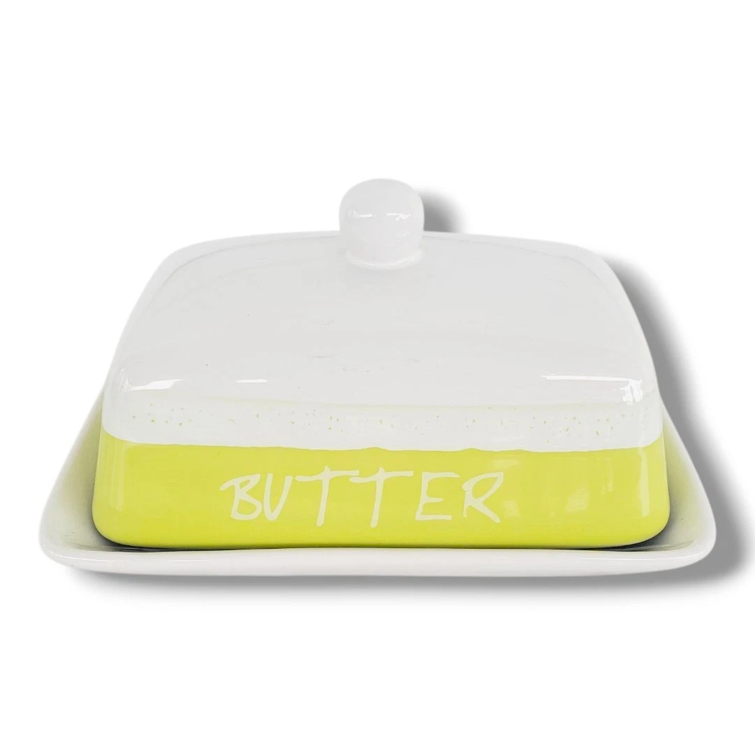 The Old Pottery Co. Covered Butter Dish w/ lid, oversized Lime Green White
