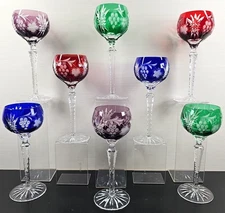 8 Pc Crystal Clear Industries Color Hock Wine Set Crystal Fruit Cut Stemware Lot