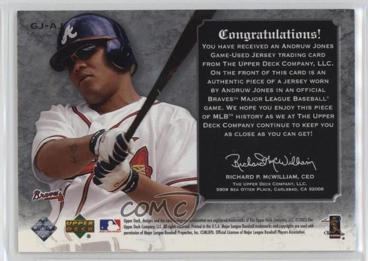 2003 Upper Deck Classic Portraits Stitches Jerseys /299 Andruw Jones #GJ-AJ - Image 2 of 2