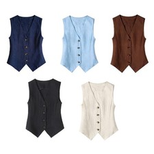 Women V Neck Linen Blend Vest Short Sleeveless Jacket Casual Tank Vests Top