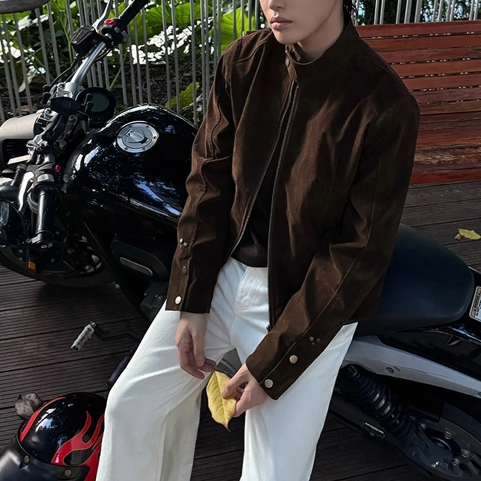 Casual Men Faux Suede Jacket Vintage Style Stand Collar Loose Windproof Coat - Image 2 of 4