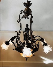 6-Arm Brass Chandelier with Depart de Peche Signed E. Moisant Inspired Lighting 
