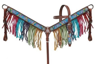 Showman Pony Headstall & Breast Collar Set w/ Rainbow Pony Design & Fringe