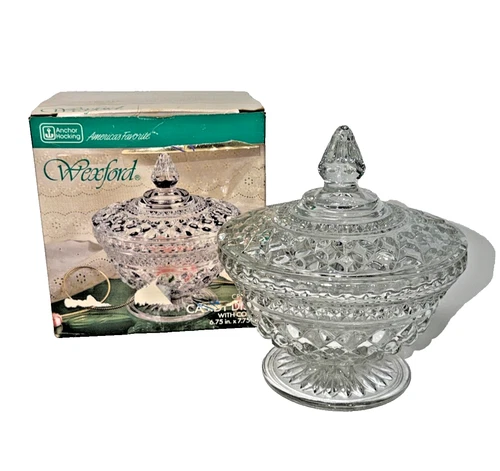 Vintage Anchor Hocking Wexford Clear Glass Candy Dish w Cover New in Box 7.75"