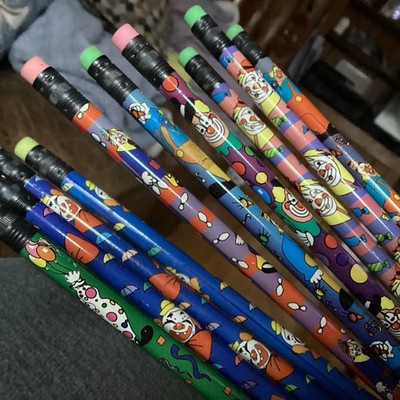 Vtg. Fun Creepy Clown Pencils New Lot Of 10 One Sharpened Smiley Face Erasers 