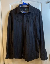 Roar Men’s Large Black Long Sleeve Shirt Embroidered Scroll Cross Textured