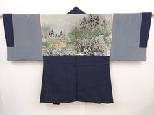 6522T02z610 Vintage Japanese Kimono Silk Men's HAORI Scenery Dark navy