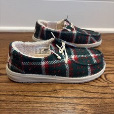 Hey Dude Wendy Confetti Plaid Lined Cozy Green Red White Shoes Women's Size 7