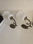 Vintage Antique PAIR  Wall Lamp Sconce Brass Milk Glass Glass Bell Wall Lights