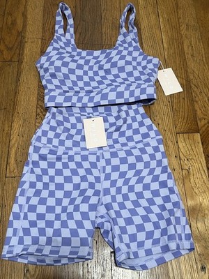 WILO THE LABEL 2 Piece Sports Bra Bike Short Set Checker Wave Lilac XS NWT $102
