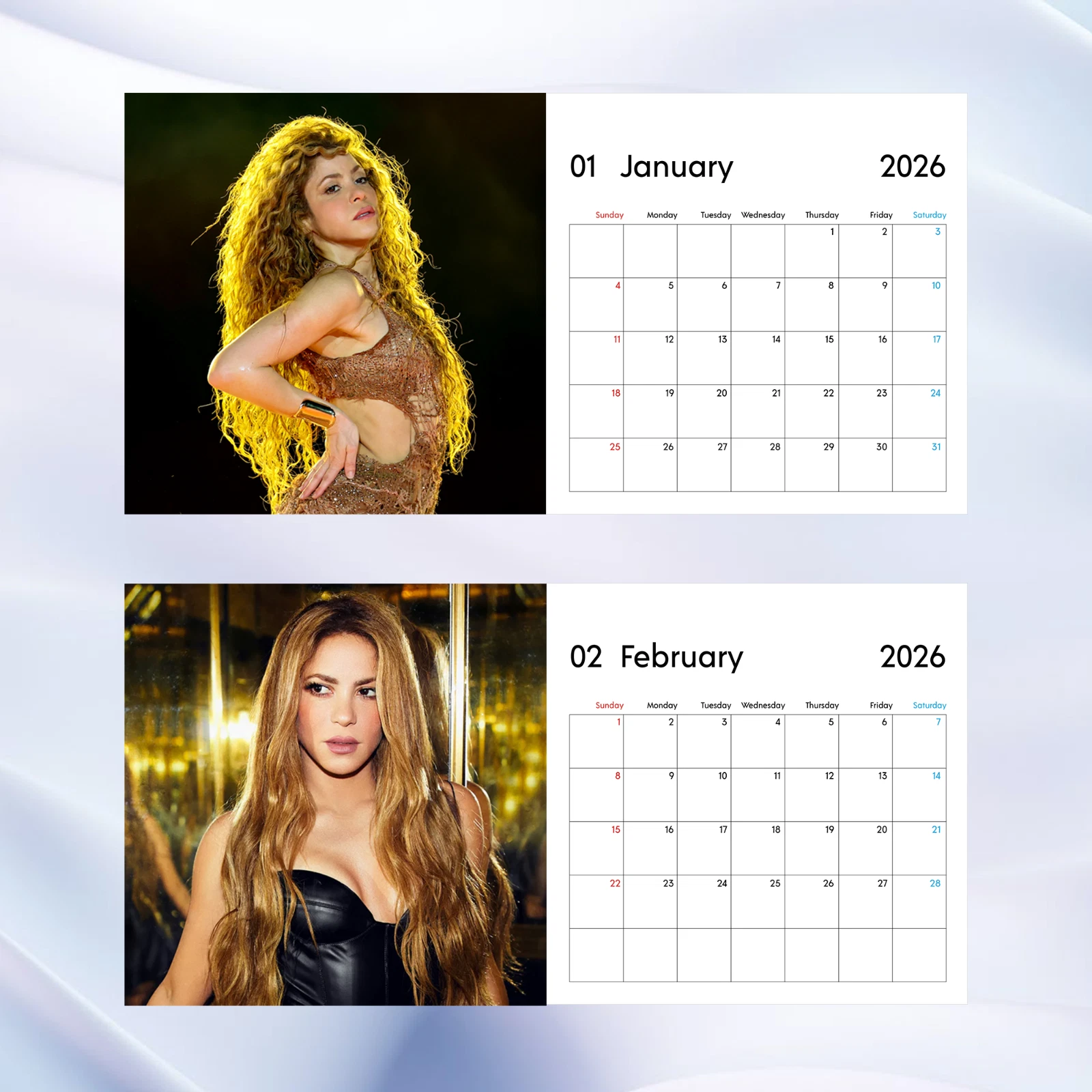 Shakira 2026 Calendar, Vibrant Stage Photos, Latin Pop Music Fan Gift