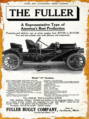 1910 Fuller Buggy Co. New Metal Sign: Model 30 Roadster, Jackson, Michigan