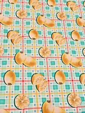 Fabric Sew 3-D True Lemons Fruit Plaid Aqua Pink Tablecloth  Remnant 2 Yard+10”