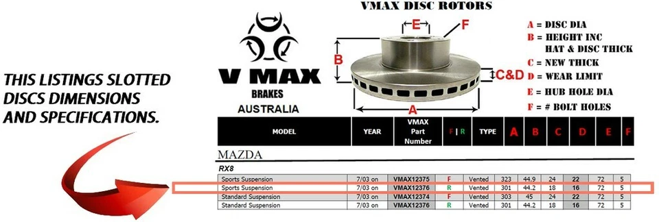 SLOTTED VMAXR fits MAZDA RX8 Sports Suspension 03 Onwards REAR Disc Brake Rotors - image 2 of 4