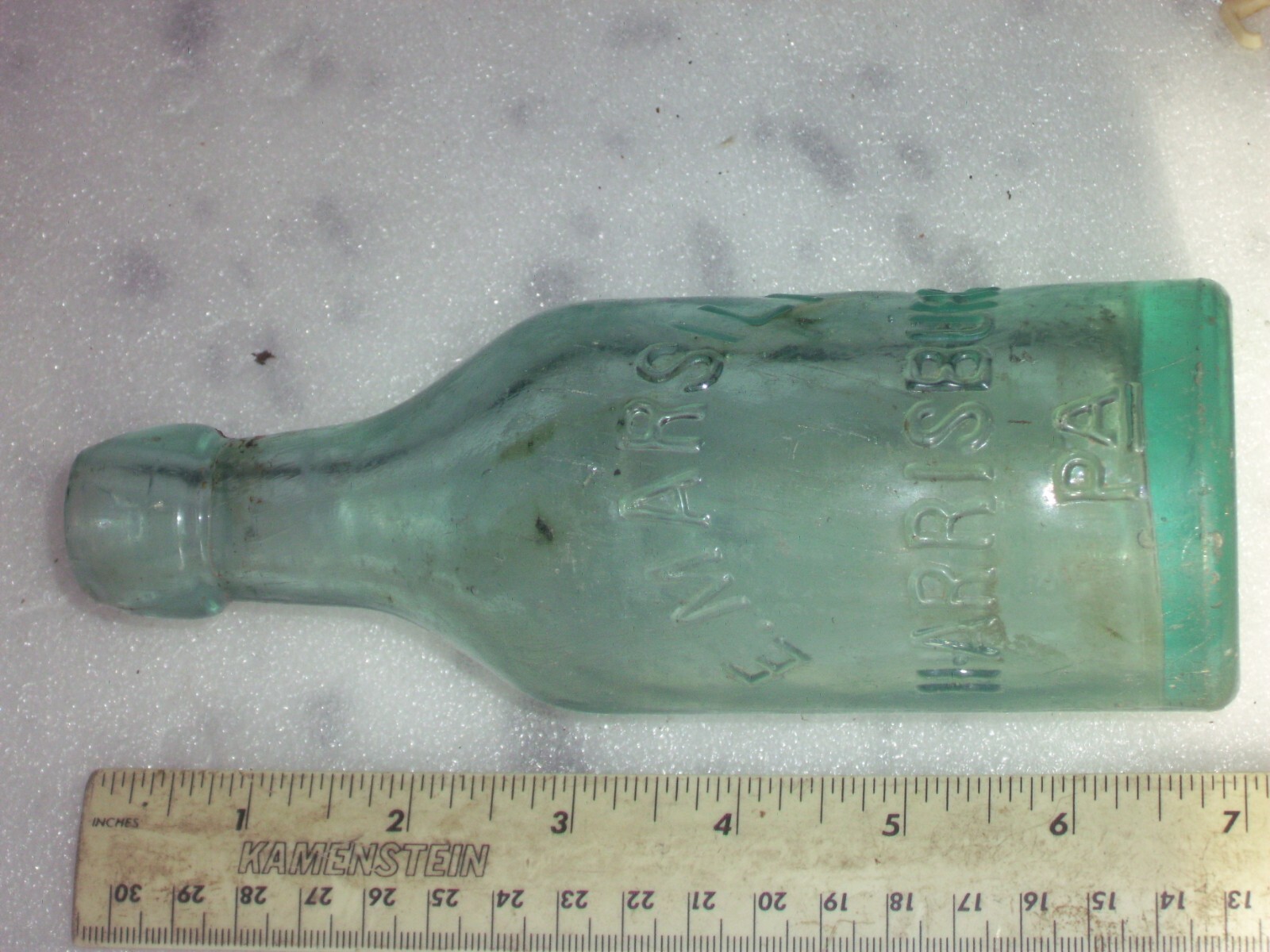 Vintage blue embossed  E. Marsili Harrisburg, Pa. affixed blob top glass bottle