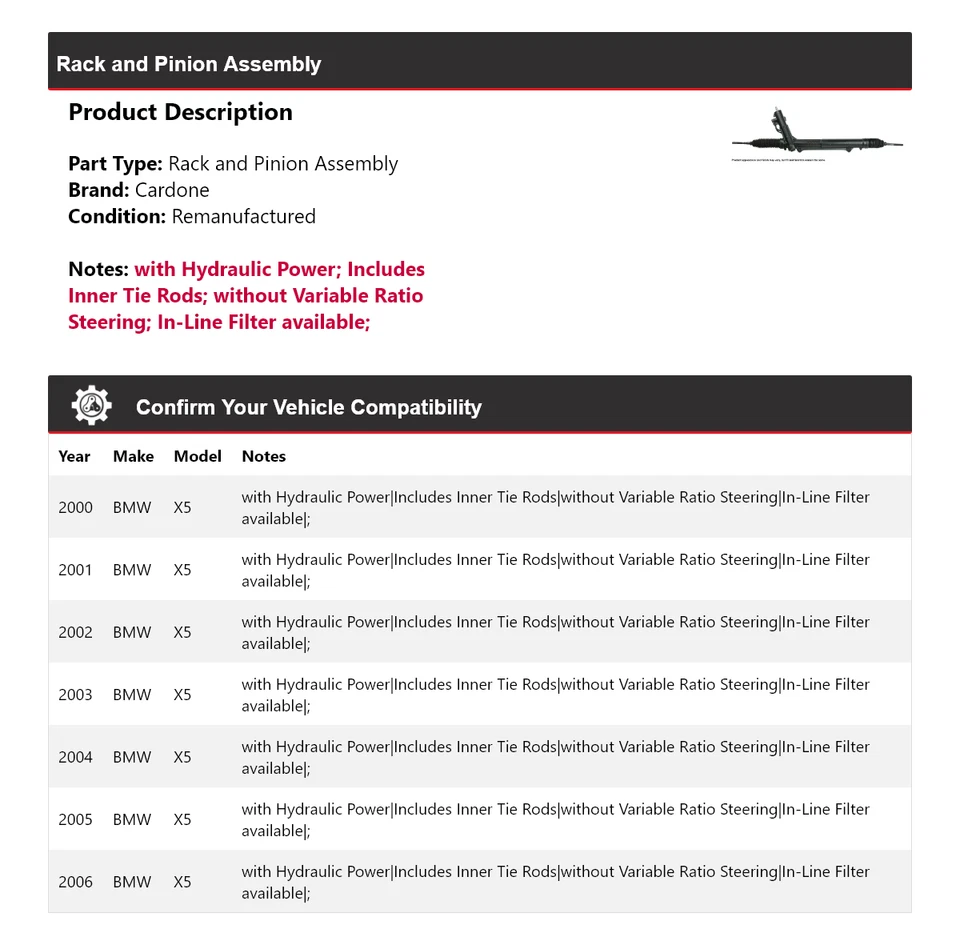 Conjunto de piñón y cremallera Cardone para BMW X5 2000-2006 2001 2002 2003 2004 2005 Foto 2 de 4
