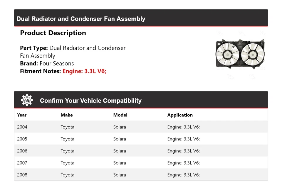 Conjunto de ventilador condensador y radiador doble para Toyota Solara 2004-2008 4 estaciones Foto 2 de 4