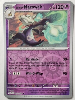 REVERSE HOLO Alolan Marowak 057/159 NM / M Journey Together Pokemon Card Uta Art