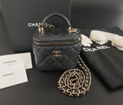 Auth CHANEL Matelasse Black Lambskin Womens Vanity Bag Crossbody