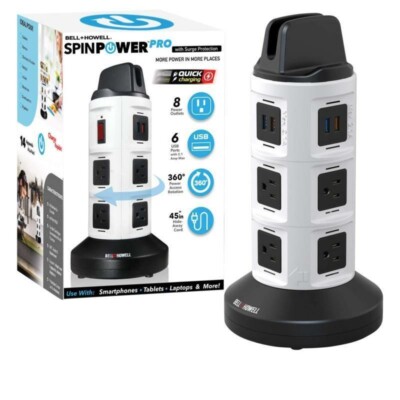 Bell & Howell Deluxe Spin Power  Charging Station w/8 AC & 6 USB Outlets-NEW
