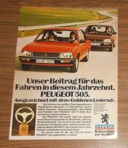 Seltene Werbung PEUGEOT 505 TI - Das Goldene Lenkrad 1979 - 1980