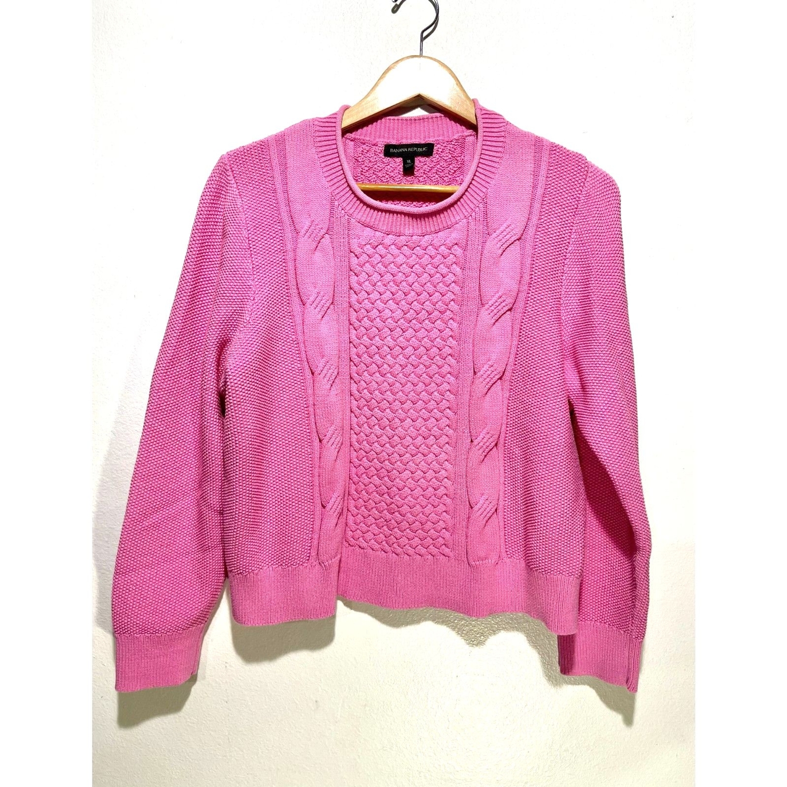 Banana Republic women's XL pink cotton fisherman cable knit winter sweater casual