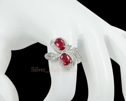 Anillo de compromiso de plata esterlina 925 con piedras preciosas naturales de rubí de corte ovalado de 7x5 mm - Imagen 3 de 6