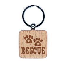 Rescue Dog Cat Paw Prints Hearts Love Fun Text Engraved Wood Square Keychain