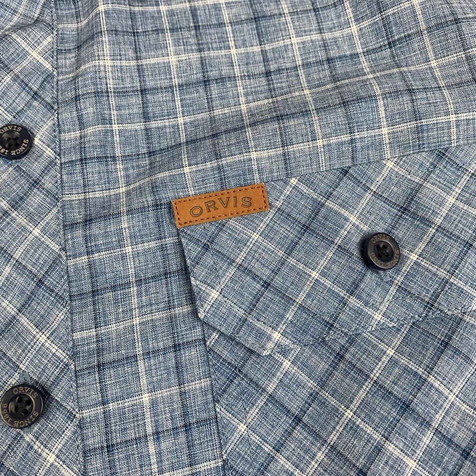 Orvis Shirt Men Size Medium Blue Camp Plaid Short Sleeve Button Up Moisture Mesh - Image 3 of 4