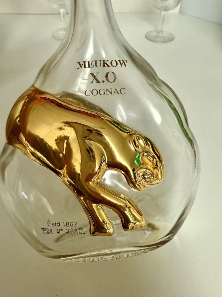 MEUKOW France Cognac Empty Bottle Gold Panther 750ml Wood Stand 2 glasses - Image 4 of 4