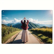 11.8x7.9 Inch Aluminum Foil Engraved Wall Art - Mountain Landscape with Woman Si