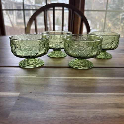4 Vintage Anchor Hocking Lido Milano Avocado Green Crinkled Dessert Dishes EUC