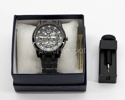 NEW Oruss 1853 TQ21 Black Alloy Round Dial Openwork Quartz Watch w box & tool
