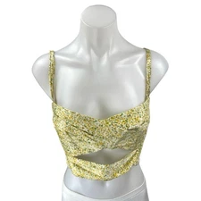 Sabina Musayev Yellow Silk Satin Floral Sleeveless Cutout Cami Tank Crop Top L
