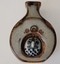 Owl Vase Vintage MCM Tonala Mexico Sand Pottery Bud Folk Art Floral Brown Blue