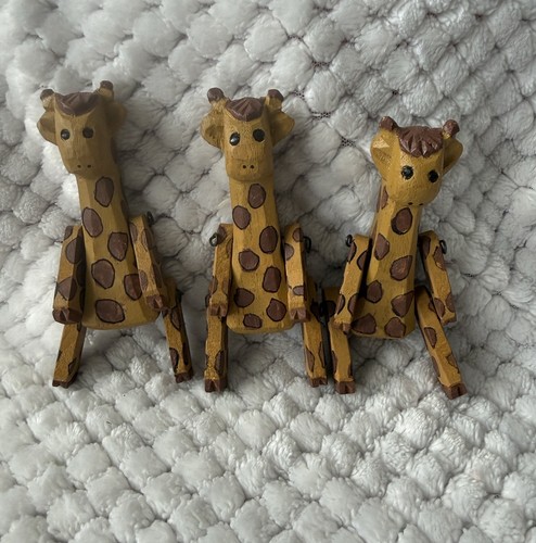 3 Hand Carved Painted Wood Giraffe Articulated Folk Art Safari 4” Figurine Decor