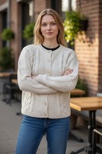 Vtg Hand Knit Cable Fisherman Cardigan Cream Med