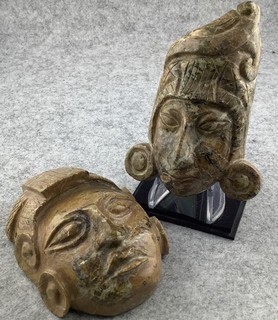 (2) Carved Stone Mesoamerican Style Mayan Aztec Olmec Decor Masks